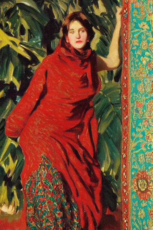 Image similar to a girl with arabesque red and green and golden detailed scarf on persian carpet, mexican palms in back, painting by john singer sargent