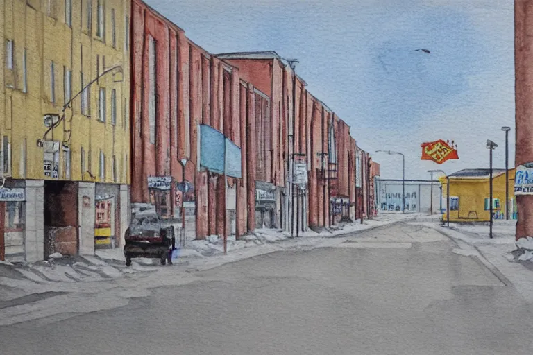 Image similar to a water color painting of a desolate lulea street by lars lerin