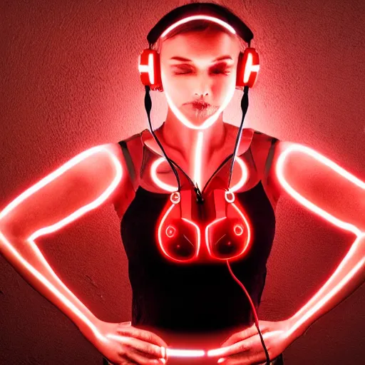 Prompt: cybernetic faceless female warrior with glowing red headphones