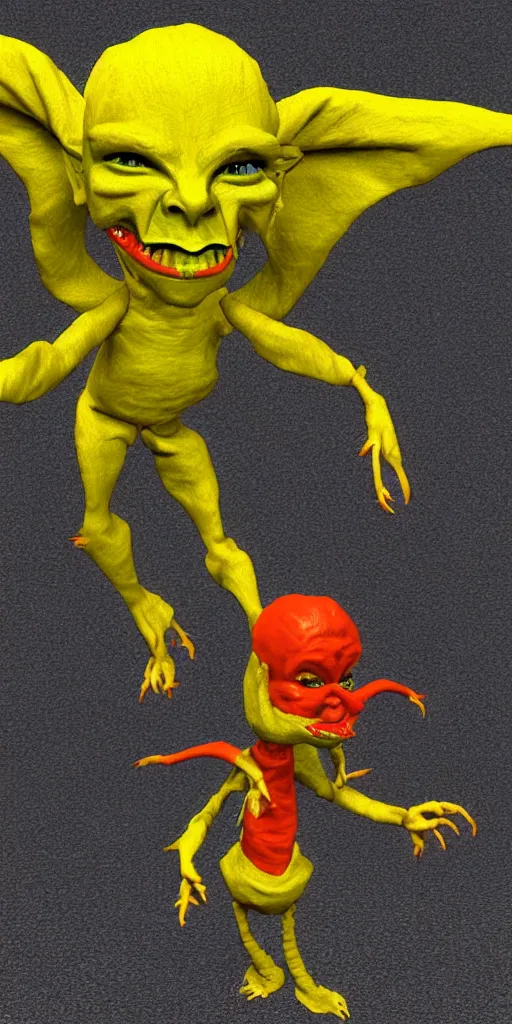 Prompt: 3d glitched malice yellow goblin doll in a street psx rendered early 90s net art n64