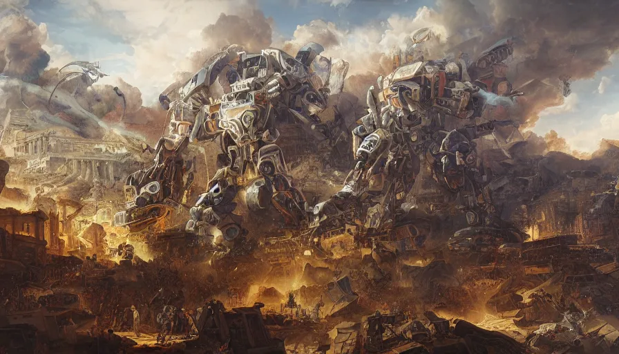 Image similar to 1 7 3 1's baroque painting of mecha destroying athens, hyperdetailed, artstation, cgsociety, 8 k