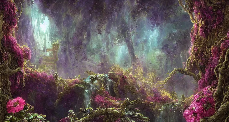 Image similar to a large alien shrine shrouded by mystic nebula magic in a field of flowers, ferdinand knab, breath - taking beautiful flowers, streams, nebula, and mist, an aesthetically pleasing, dynamic, energetic, lively, complex, intricate, detailed, well - designed digital art of magic, streams, flowers, and mist, early morning, light and shadow