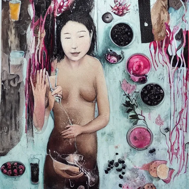 Prompt: “ a portrait in a female art student ’ s apartment, sensual, a pig theme, pork, bath, art supplies, surgical iv bag, octopus, ikebana, herbs, a candle dripping white wax, japanese pottery, squashed berries, berry juice drips, acrylic and spray paint and oilstick on canvas, surrealism, neoexpressionism ”