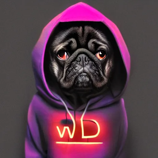 Prompt: a sad pug wearing a hoodie, the word ( sad ) is written on the hoodie in upper case letters, clear word, digital art, synthwave style, trending on artstation, matte painting