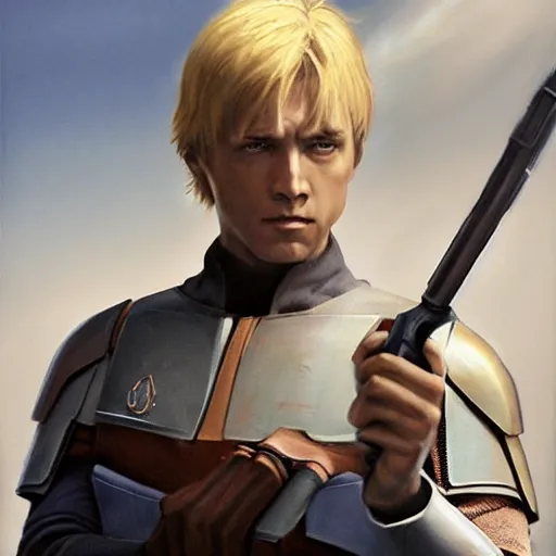 Prompt: a young blonde male jedi with short hair standing still, over the shoulder shot, ots shot, third-person shot, full-length, head-to-toe, full body photography, extremely long shot, long shot, concept art by Doug Chiang cinematic, realistic painting, high definition, concept art, the Mandalorian concept art style