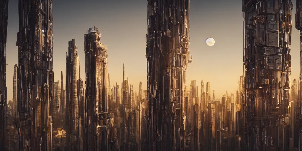 Image similar to human futuristic city, highly detailed,, beautiful architecture contemporary style, si - fi, golden hour light, two moon on the sky, 8 k, sharp focus, cinematic