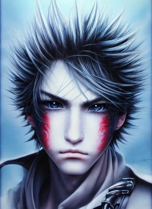 Image similar to beautiful matte airbrush portrait of a final fantasy inspired face with sad eyes crying on a white background, 8 0's airbrush aesthetic, art by pater sato, ayami kojima and yoshitaka amano