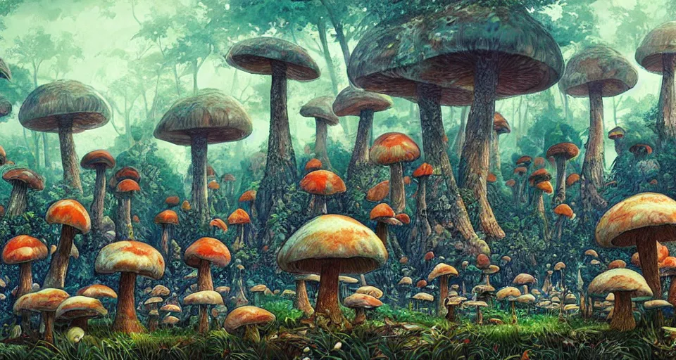 Image similar to A tribal village in a forest of giant mushrooms, by Android jones,