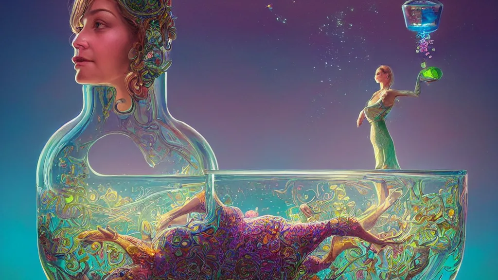 Image similar to a beautiful woman inside of an ornate bottle of iridescent liquid, alchemy, intricate, bloom, detailed, volumetric lighting, sharp focus, photorealism, digital painting, highly detailed, concept art, by roger dean and simon stalenhag and mark brooks