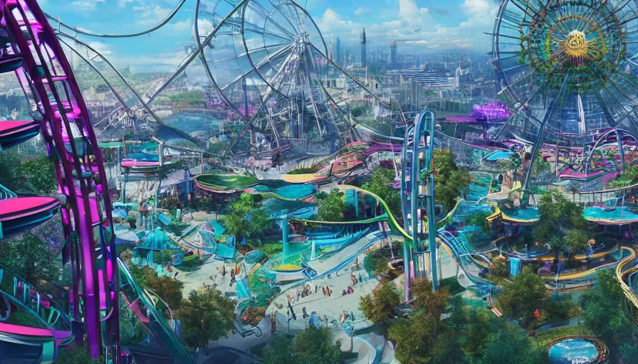 Image similar to Concept art of a magnificent futuristic amusement park with a Ferris wheel in the center of the park and roller coasters in the surroundings, hyperdetailed, artstation, cgsociety, 8k