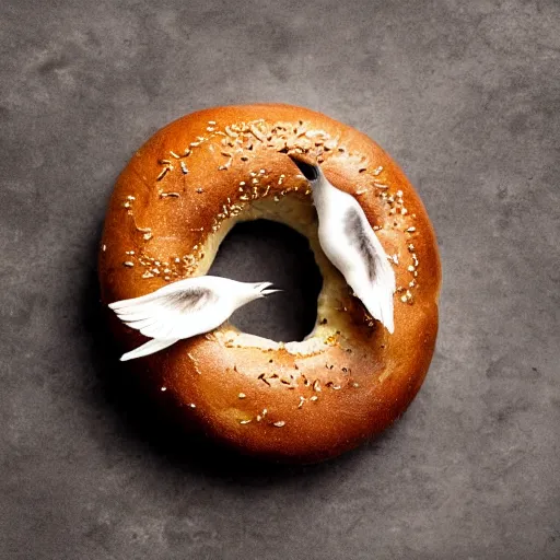 Prompt: A bagel with seagull wings