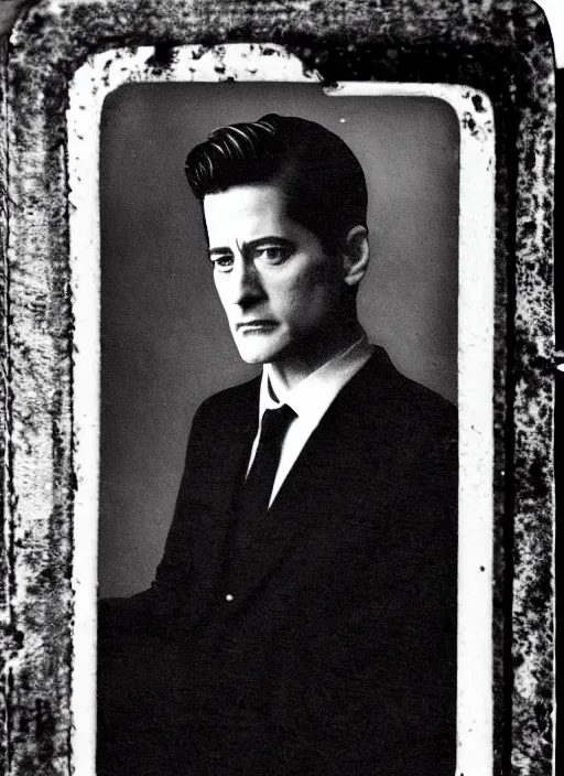 Image similar to tintype photograph of agent dale cooper from twin peaks in the red room, old, grainy, ominous, black and white