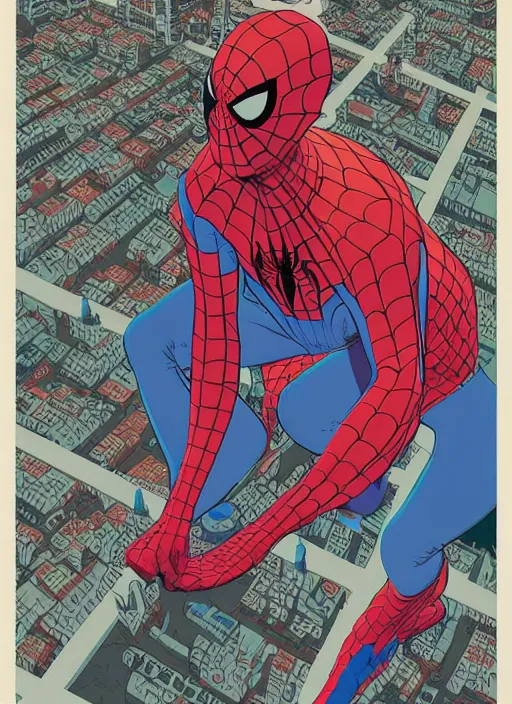 Image similar to poster artwork by Michael Whelan and Tomer Hanuka, John Romita Jr of Spiderman, from scene from Twin Peaks, clean, simple illustration, nostalgic, domestic, full of details