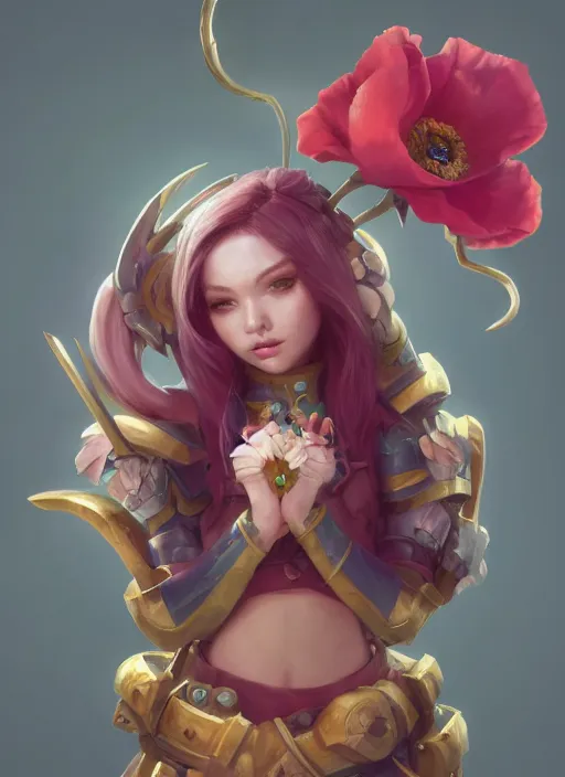 Image similar to poppy, from league of legends, au naturel, hyper detailed, digital art, trending in artstation, cinematic lighting, studio quality, smooth render, unreal engine 5 rendered, octane rendered, art style by klimt and nixeu and ian sprigger and wlop and krenz cushart