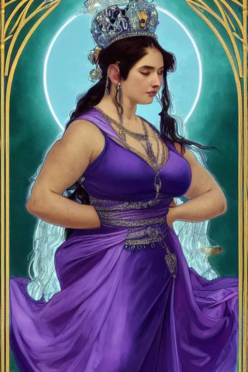 Prompt: a full body tarot card of the curvy empress of eternity, long and beautiful floor length purple and blue dress with braided silver hem, emerald tiara and necklace, space, universe, portrait, highly detailed, deep focus, elegant, digital painting, smooth, sharp focus, illustration, ultra realistic, 8 k, art by artgerm and alphonse mucha