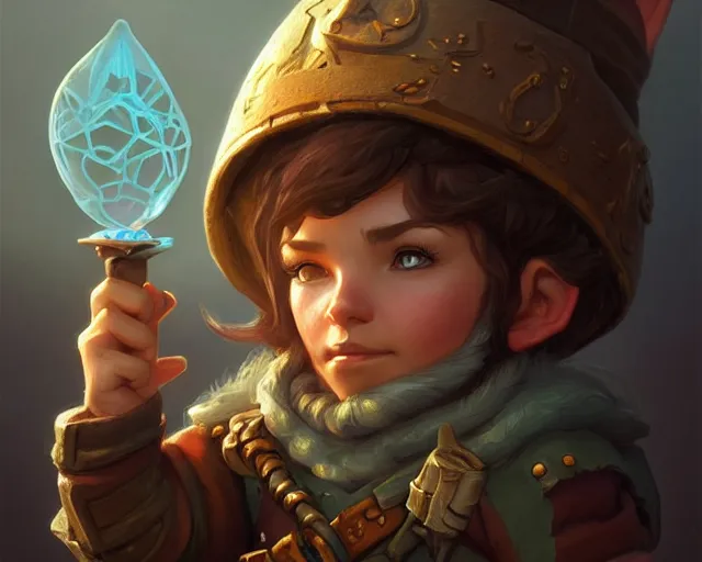 Image similar to little gnome engineer, deep focus, d & d, fantasy, intricate, elegant, highly detailed, digital painting, artstation, concept art, matte, sharp focus, illustration, hearthstone, art by artgerm and greg rutkowski and alphonse mucha