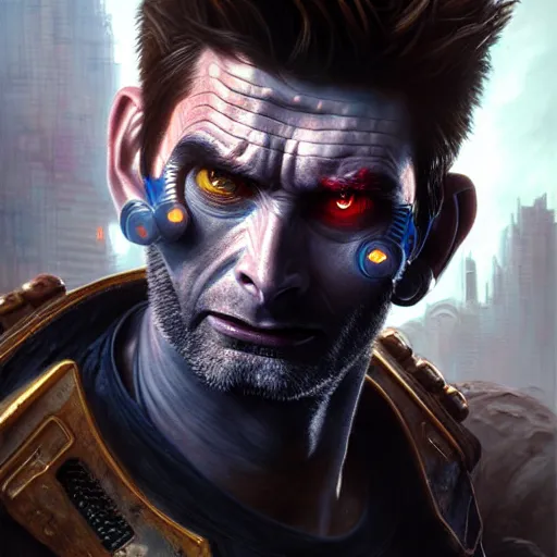 Image similar to portrait painting of a cyberpunk orc mercenary muscular david tennant, ultra realistic, concept art, intricate details, eerie, highly detailed, photorealistic, octane render, 8 k, unreal engine. art by artgerm and greg rutkowski and charlie bowater and magali villeneuve and alphonse mucha