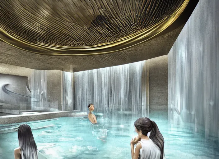 Prompt: modern chic futuristic onsen (Japanese bath house) with gold intricate luxurious details at Pamukkale, thermal waters flowing down white travertine terraces, dozen beautiful women wearing sweet dresses, ethereal anf dreamy, intricate, elegant, luxurious, digital painting, concept art, smooth, sharp focus, from Star Trek 2021, illustration, by WLOP and Ruan Jia and Mandy Jurgens and William-Adolphe Bouguereau, Artgerm
