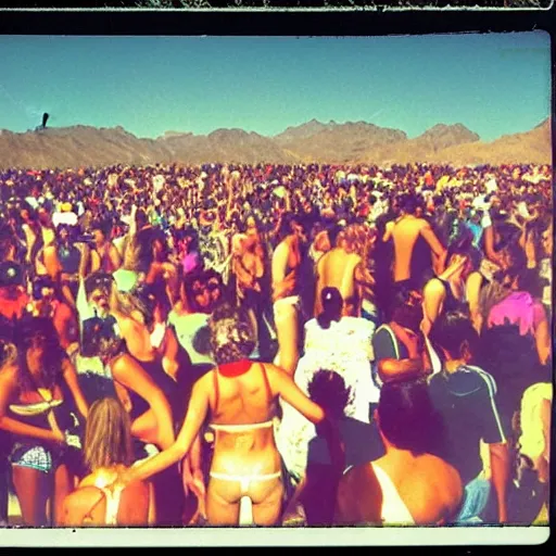 Prompt: rave party chill out zone from a 1970s festival in the desert, polaroid picture