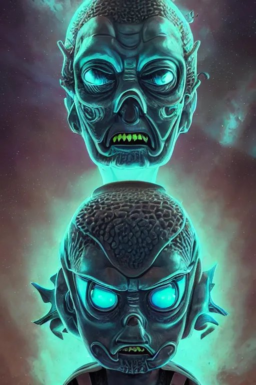 Image similar to rick and morty fused with lovecraft and vader helmet, high details, intricate details, by vincent di fate, artgerm julie bell beeple, 90s, Smooth gradients, octane render, 8k, volumetric lightning, High contrast, depth of field, very coherent symmetrical artwork