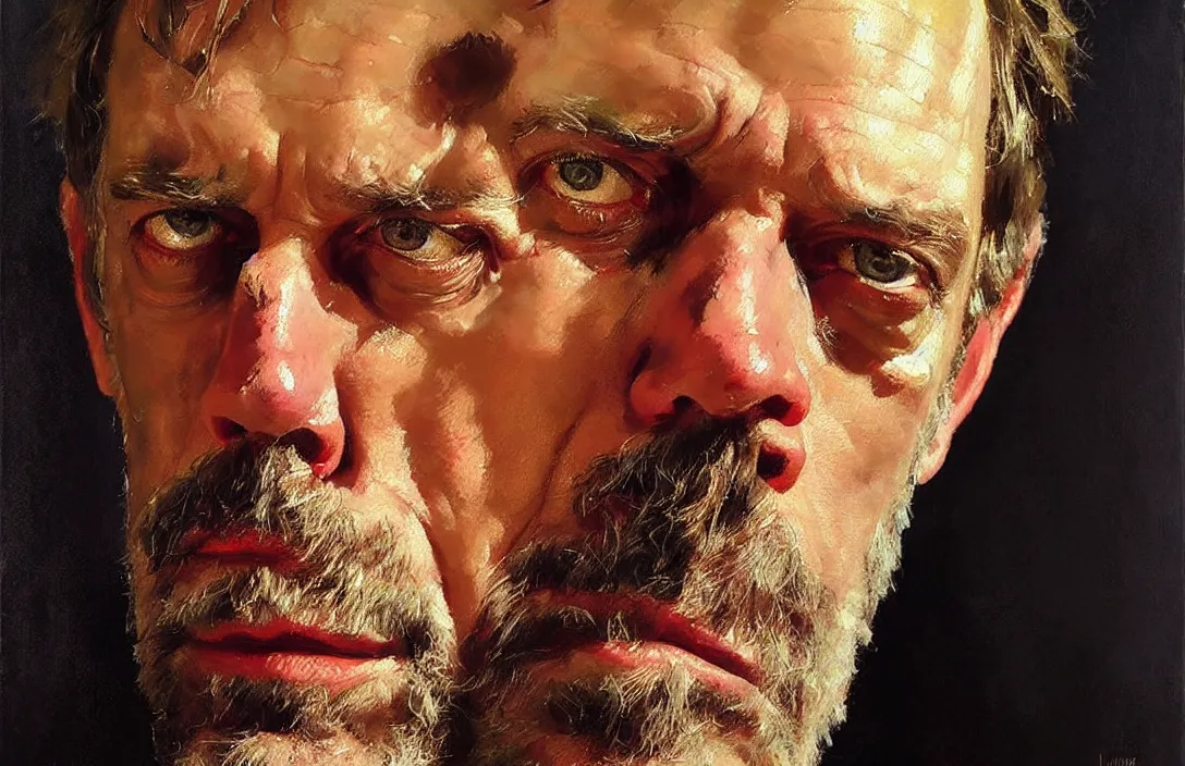 Image similar to portrait of hugh laurie!!!!!!!!!!!!!!!!!!!!!!!!!!!, detailed face, detailed painting, epic lighting, by ilya repin, phil hale and kent williams