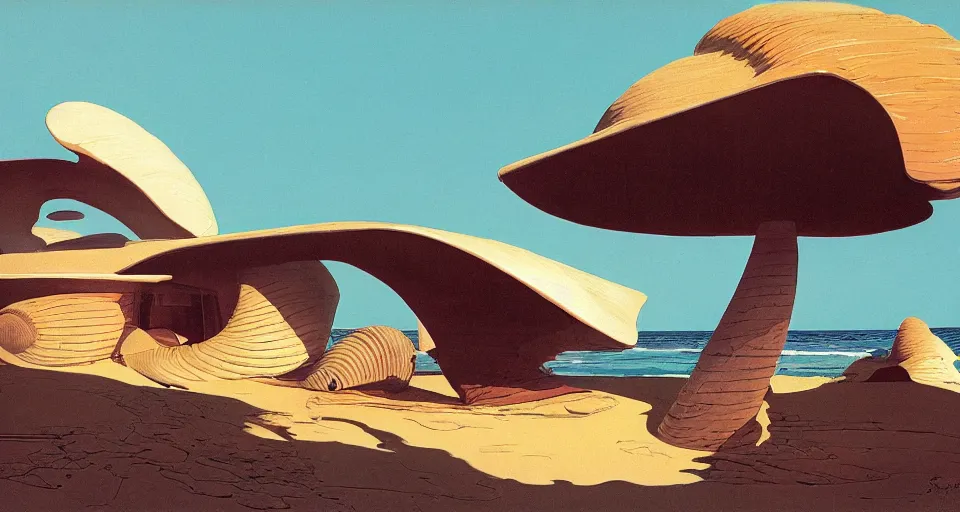 Image similar to a giant seashell house in the middle of nowhere, by syd mead, moebius, j. h. williams iii