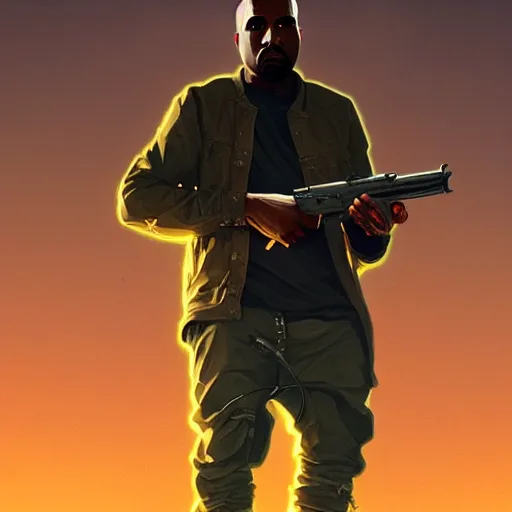 Image similar to highly detailed portrait kanye west holding revolver! gta v stephen bliss unreal engine fantasy art by greg rutkowski loish rhads ferdinand knab makoto shinkai lois van baarle ilya kuvshinov rossdraws tom bagshaw global illumination radiant light detailed intricate environment