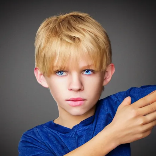 Image similar to portrait of a boy with his hand on his face, extremely realistic and real, photorealistic, blonde hair and blue eyes, detailed facial structure, real eyes that are detailed, real hands