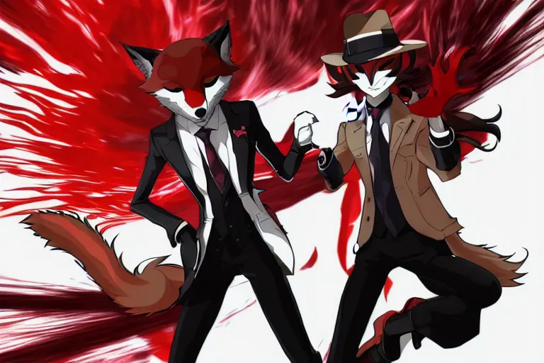 Prompt: a furry tan male fox on a persona 5 : royal ( by atlus ) video game splash screen, a furry male sandcolored tan fox fursona ( has hair ), persona 5 phantom thief style