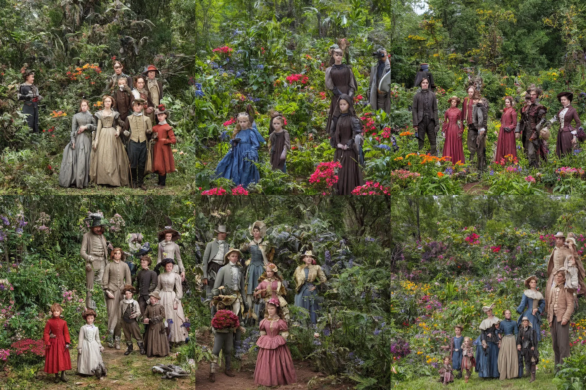 Prompt: sharp, highly detailed, 36864k film, 175000mm film still from a sci fi blockbuster color movie made in 2019, set in 1860, of a family standing in a park, next to some strange alien plants and flowers, on an alien planet, the family are all wearing 1860s era clothes, good lighting, enhanced faces, 70000mm f/1.4L lens