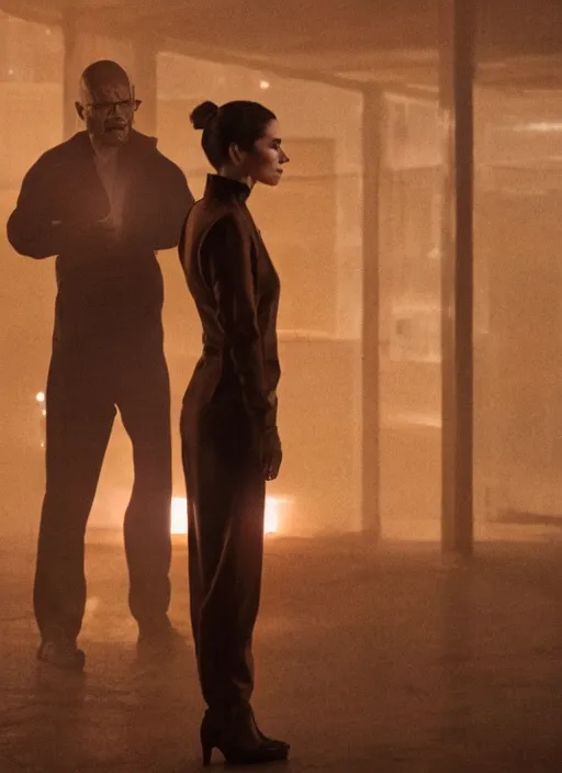 Prompt: a pov shot, color cinema film still of walter white & kate middleton in blade runner 2 0 4 9, cinematic lighting at night.