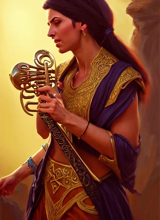 Image similar to a _ fantasy _ style _ portrait _ painting _ of arabian female charismatic bard playing instrument, rpg dnd oil _ painting _ unreal _ 5 _ daz. _ rpg _ portrait _ extremely _ detailed _ artgerm _ greg _ rutkowski _ greg