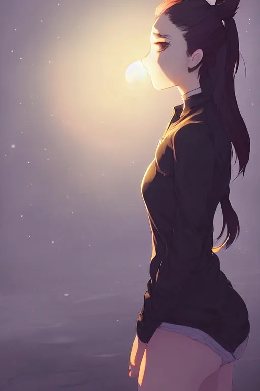 Image similar to black ponytail hair, pale woman in a black zipper jacket, yellow eyes, by artgerm, hair tied in a ponytail, white backdrop, soft lighting, night scene, by greg rutkowski makoto shinkai takashi takeuchi