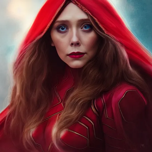 Prompt: A portrait of elizabeth Olsen as scarlet witch with the scarlet witch headpiece, cinematic, digital art, amazing detail