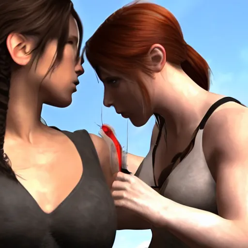 Prompt: Lara croft kissing black widow real hd