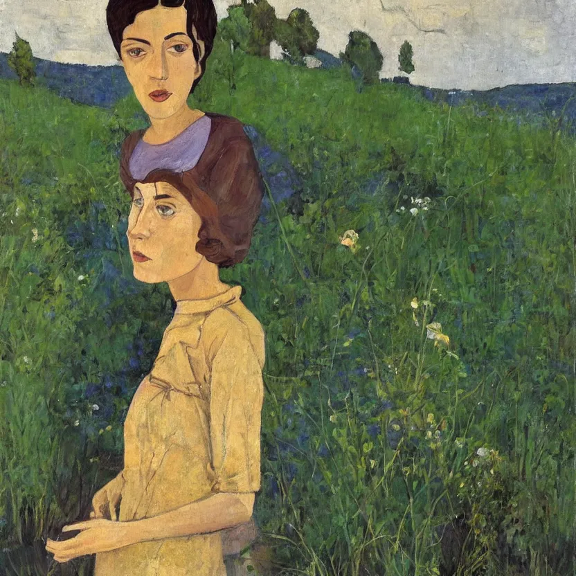 Image similar to a painted portrait of a women outdoors, art by felice casorati, aesthetically pleasing and harmonious natural colors, expressionism, fine day, mid shot portrait