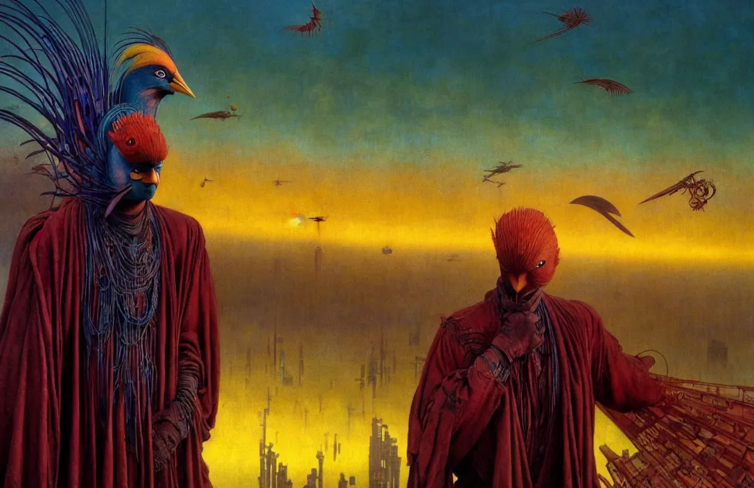 Image similar to realistic detailed portrait movie shot of a birdman wearing dark ragged robes, futuristic city sunset landscape background by denis villeneuve, amano, yves tanguy, alphonse mucha, ernst haeckel, max ernst, roger dean, rich moody colours, blue eyes