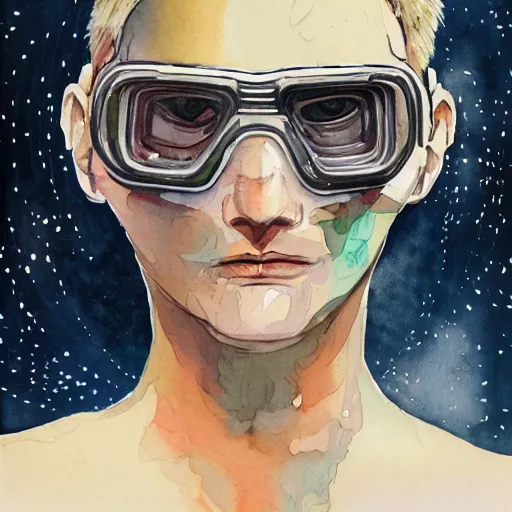 Image similar to detailed colorful watercolor of square - jawed emotionless serious blonde woman starship engineer, tribal tattoos, handsome, short slicked - back hair, sweating, uncomfortable and anxious, looking distracted and awkward, wearing victorian dark goggles, dirty white tank top, cargo pants, and gloves, small spacecraft in background, highly detailed, david mack, trending on artstation