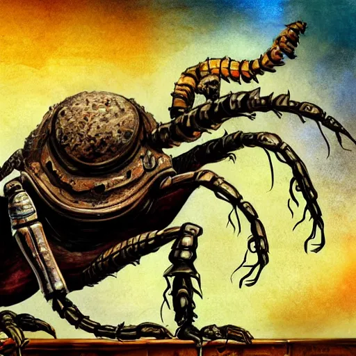 Image similar to an old steam trunk with the legs of a scorpion, following on the heels of a tragic goblin in search of a home. expressive digital painting, very detailed.