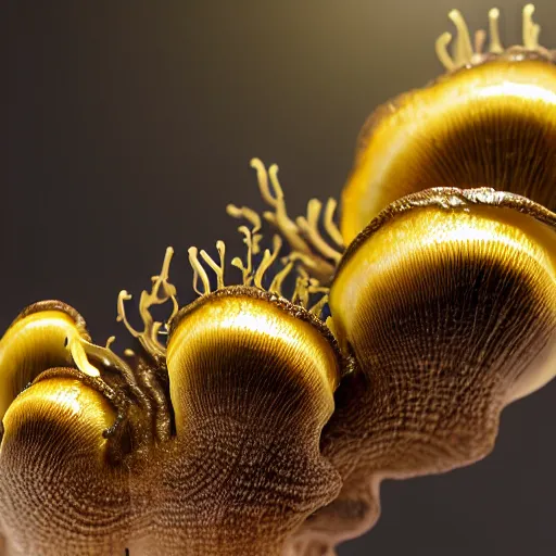 Image similar to golden teacher mushroom in backlighting to dropping spores, unreal engine, closeup