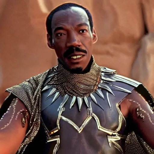 Prompt: film still of 1980s Eddie Murphy as T’Chala in Black Panther movie