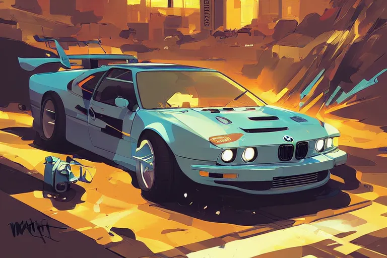 Image similar to digital illustration of bmw m 1 by makoto shinkai, ilya kuvshinov, lois van baarle, rossdraws, basquiat | afrofuturism, in the style of hearthstone