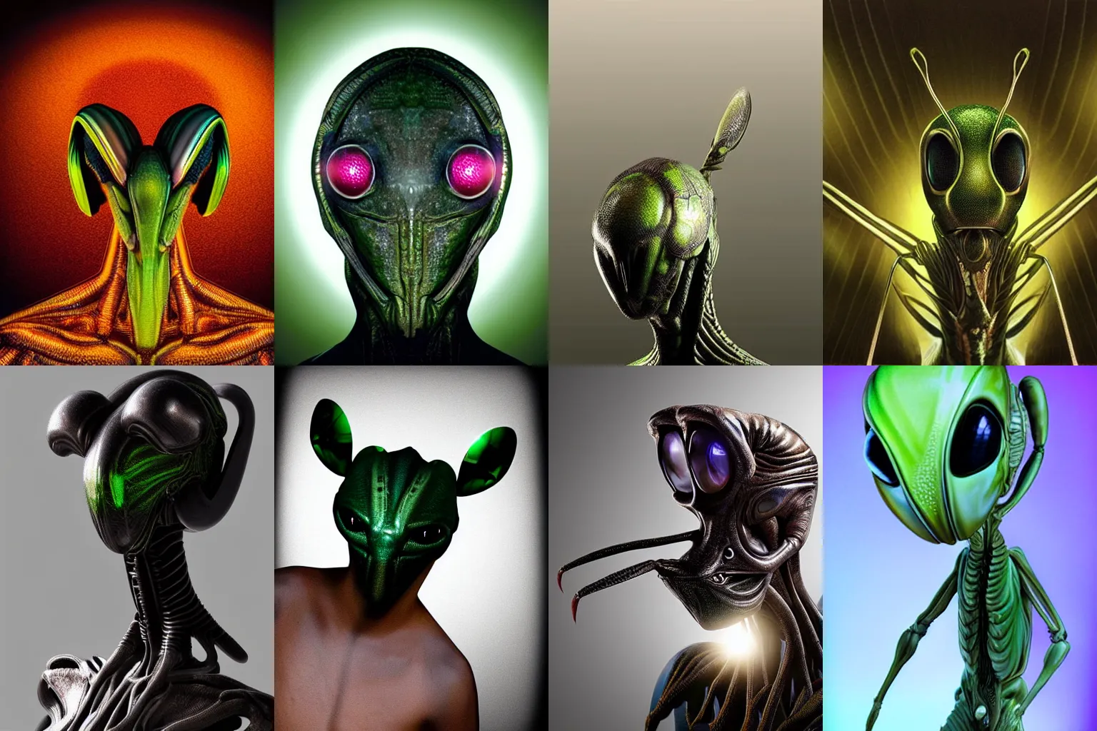 Prompt: organic alien in the form of mantis head, fullbody, hyperrealism, realistic photo, ultra detailed, surreal, heavy, otherworldly technology, symmetrical front, dramatic lights, frightening, very dark, backlight