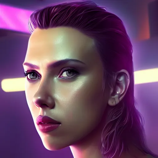 Image similar to scarlett johansson portrait, Cyberpunk 2077, cyberpsycho, photorealistic, ultra detailed, neon, octane, bokeh, cyber, cyberpunk city, feature, scars, cyberface, 8k