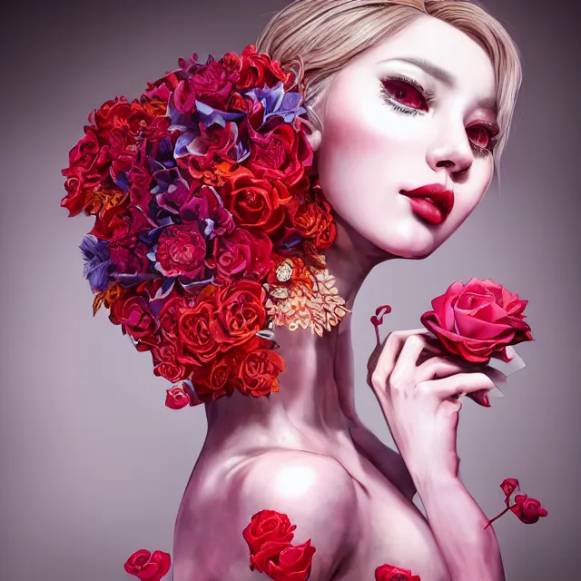 Image similar to studio portrait of an absurdly beautiful, elegant, young hypercolorful sensual gravure idol rubies and red petals, ultrafine hyperrealistic detailed face illustration by kim jung gi, irakli nadar, intricate linework, sharp focus, bright colors, matte, octopath traveler, final fantasy, unreal engine highly rendered, global illumination, radiant light, intricate environment