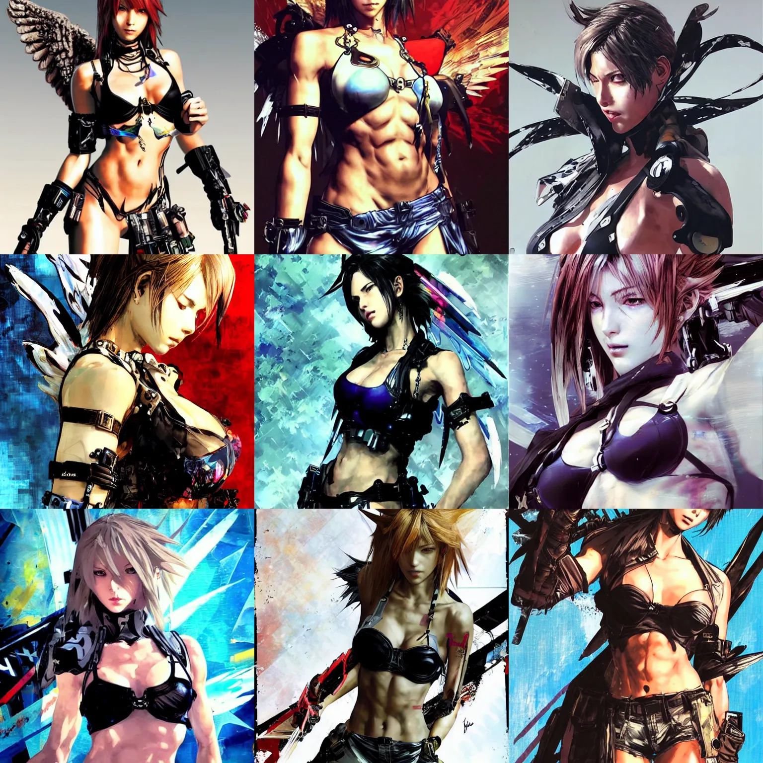 Prompt: a beautiful female angel. she wears a black bra. art by yoji shinkawa, final fantasy x and sandra chevrier, trending on artstation, award - winning, perfect composition.