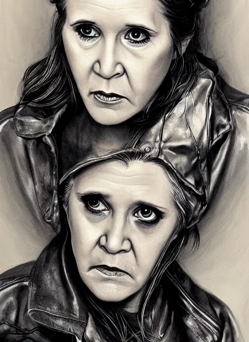 Image similar to portrait of carrie fisher, gritty, dark, wearing a leather jacket, very detailed eyes, hyperrealistic, very detailed painting by Glenn Fabry, by Joao Ruas, by Artgerm