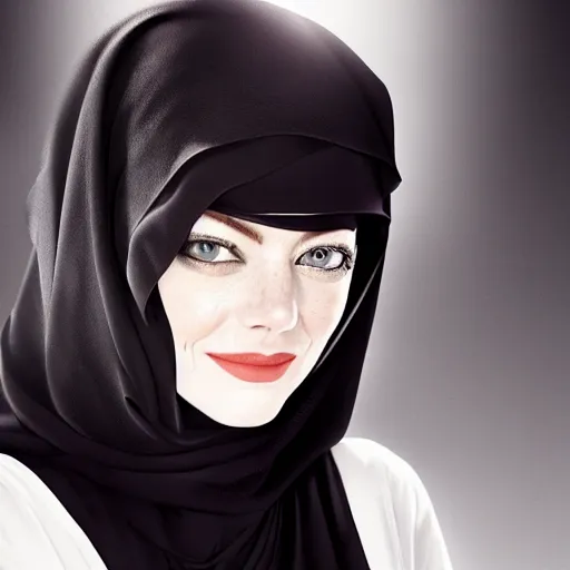 Image similar to A portrait of Emma Stone wearing Black Arabian Abaya, high quality, fully detailed, 4k, volumetric lightening