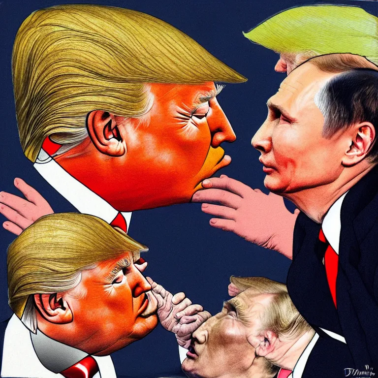 Image similar to putin and trump ftaternal kiss, art by dmitri vrubel