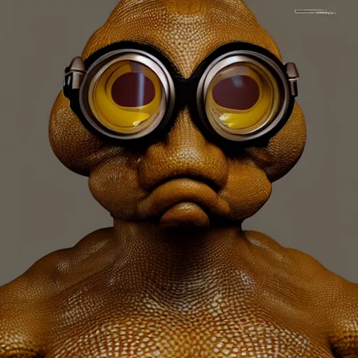 Prompt: character design portrait, of a brown scaly moist fat alien creature scientist with goggles, artstation, concept art, 3 d render,